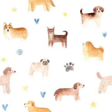 Seamless pattern. Hand drawn watercolor dogs. Painted collection Illustration