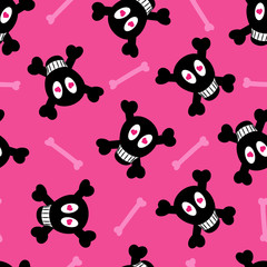 Happy skulls faces and bones on deep pink background. Vector seamless pattern.
