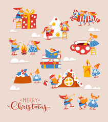 Merry Christmas poster with cute elf characters celebrate Christmas
