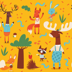 Vector bright seamless pattern in kids style with cartoon wild forest animals