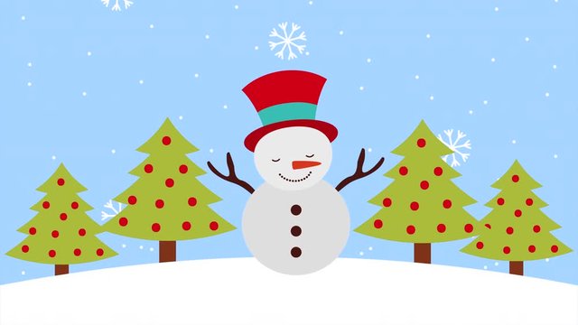 happy merry christmas animation with snowman in snowscape