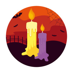cartoon of candles with icons in scene halloween