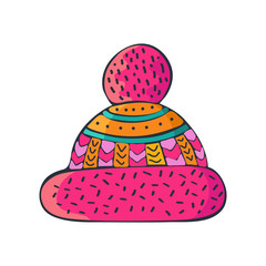 Bright winter knitted hat with pompon, sketch style vector illustrations isolated on white background. Hand drawn woolen hat with a big fluffy pompom, winter accessory.