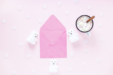 Hot chocolate and snowflakes near envelope and bears