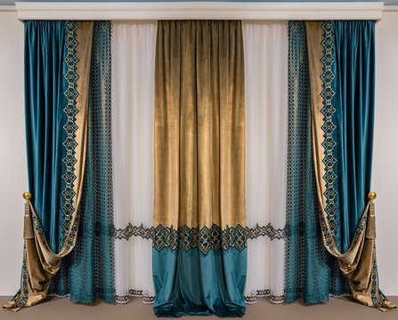 The green double-sided velvet curtains with embroidery and a luxurious gold brush