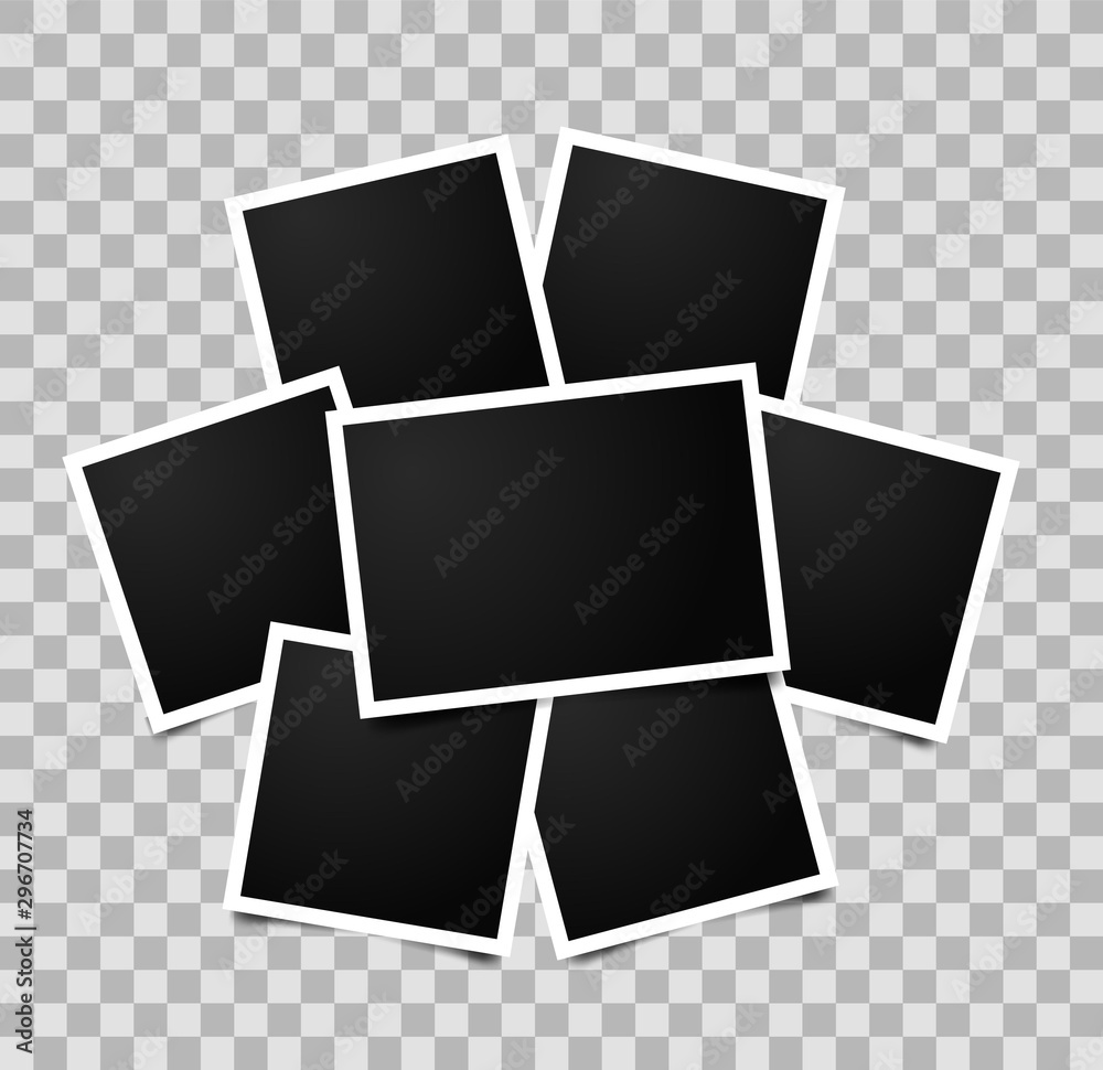 Poster collage of seven empty photo frames. vector photorealistic mockup isolated on transparent background
