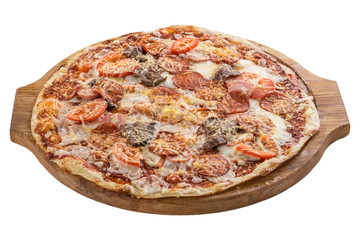 whole salami pizza with red onion on wooden board isolated on white background