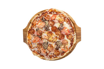 whole salami pizza with red onion on wooden board isolated on white background