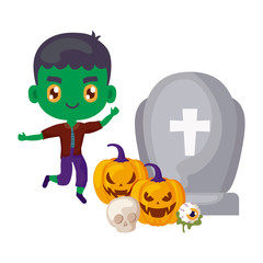 boy disguised as a frankenstein with icons halloween