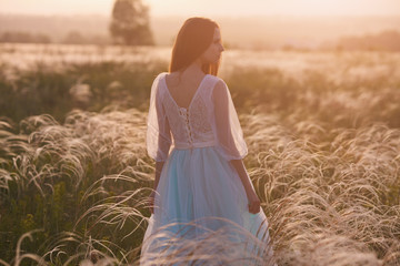 girl walk in the field against the sunset, the bride against the sunset
