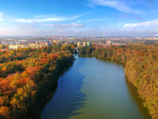 Fototapeta na wymiar Amazing autumnal landscape of lake in the forest, Gdansk. Poland