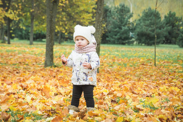 Little beautiful happy two year old girl in autumn park