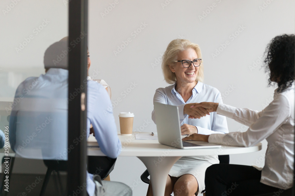 Poster Smiling diverse female colleagues handshake greeting at meeting