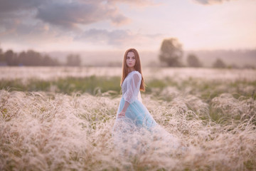 Fototapeta na wymiar girl walk in the field against the sunset, the bride against the sunset