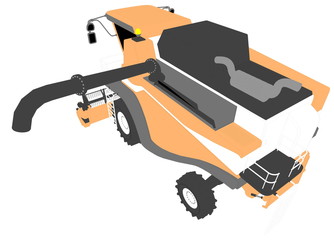 industrial 3D illustration of cartoon colored 3D model of orange wheat agricultural harvester with grain pipe on white, clip art for food production
