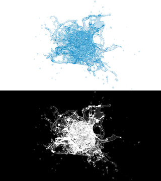 3D illustration of a blue water splash with alpha layer