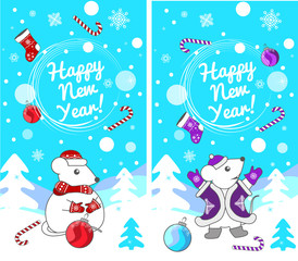 Happy New Year! Congratulation, postcard Snowman mouse - a symbol of the year.