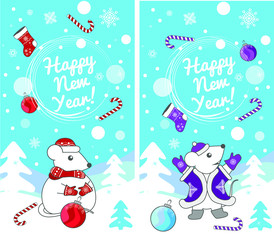 Happy New Year! Congratulation, postcard Snowman mouse - a symbol of the year.