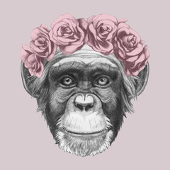Portrait of Monkey with floral head wreath. Hand-drawn illustration of dog. Vector isolated elements.