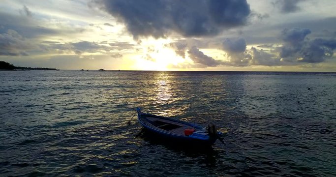 Amazing Colors Of Tropical Sunset. Fisherman Thai Wooden Sail Boat Silhouette