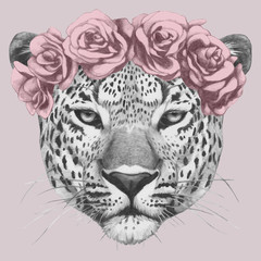 Portrait of Leopard with floral head wreath. Hand-drawn illustration of dog. Vector isolated elements.
