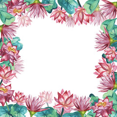 Frame with Lotus flowers and leaves on white background. Watercolor illustration.