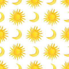 Watercolor weather forecast seamless pattern. Hand drawn sun, moon, rain and clouds pattern....