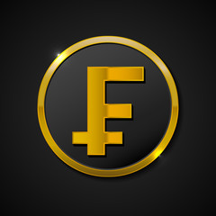 Franc currency sign circular gold vector web button icon. Vector illustration on black background.