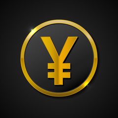 Obraz premium Yen currency sign circular gold vector web button icon. Vector illustration on black background.