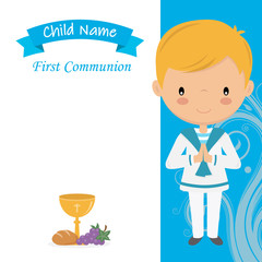 Communion Card. Little boy praying. Space for text