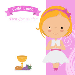 Communion Card. Little girl praying. Space for text