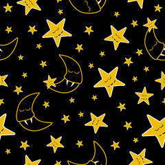 Sleepy vampire moon and vampire stars on black background. Vector seamless pattern.