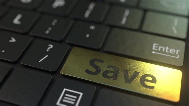 Black computer keyboard and gold save key. Conceptual 3D animation