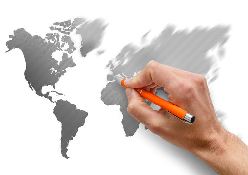 Close up of businessman hand drawing sketches world map