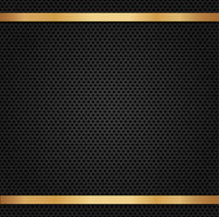 Circle perforated carbon speaker grill texture with gold metal background.