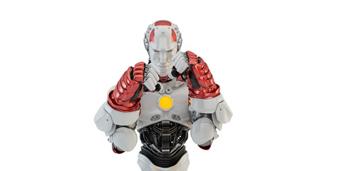 Fototapeta premium Muscly Robotic Man Wearing Red Boxing Gloves And Punching, front 3d rendering