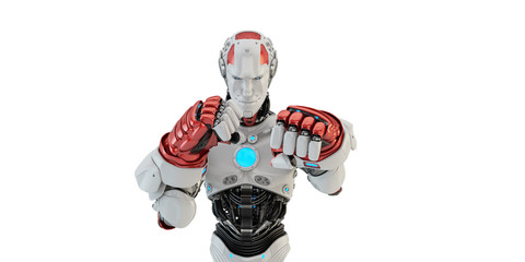 Muscly Robotic Man Wearing Red Boxing Gloves And Punching, front 3d rendering