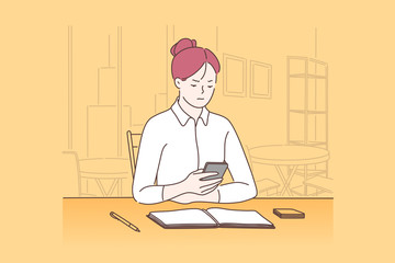 Overwork and burnout, tiredness, fatigue and depression concept. Tired woman working hard and solving business problems, overload sad businesswoman using smartphone. Simple flat vector