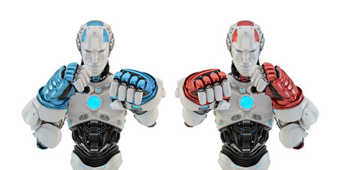 Two robotic boxers in rack stand, 3d rendering on light background