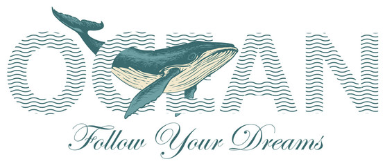 Ocean, lettering for t-shirt design, logo, badge, icon, invitation, card and banner. Vector illustration with wave patterned inscription and a big hand-drawn whale. Design element for World Ocean day © paseven