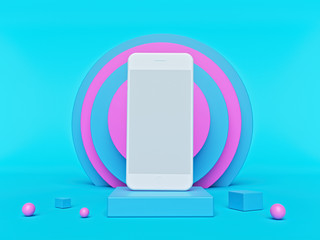 Abstract geometric background with a smartphone. Fashion and trendy mockup. vibrant design suitable for product presentation and advertising. 3d rendering