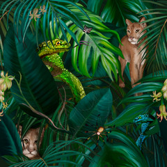 Dark jungle tropical trendy seamless pattern. Surface design illustration