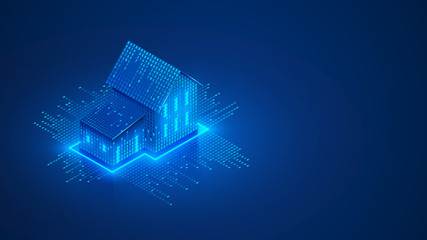 Smart home isometric concept. Private house consists digits code. Cyber Safety of internet of things of country house. Digital protection of smart home system. IOT Technology banner or background. - obrazy, fototapety, plakaty