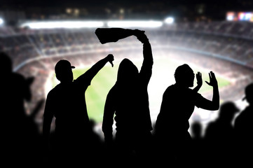 Football hooligans in game. Angry soccer fans shouting and booing in the crowd. Losing team fans...