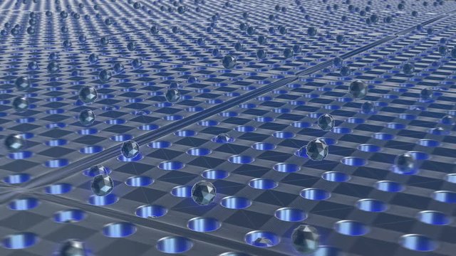 Geometric laser background of lowpoly bouncing balls. Seamless metal retro futuristic animation 