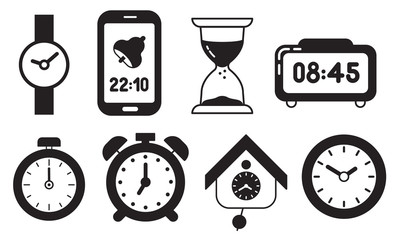 Time and clock black icon set. 