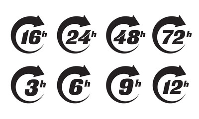 Clock arrow with 3, 6, 9, 12, 16, 24, 48, 72 hours. Vector illustration for work time effect or delivery service icons