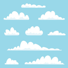 Beautiful white cartoon cloud set isolated on blue background. Vector illustration.