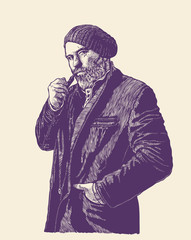 Middle-aged Man, With Moustaches, Gray Beard and Smoking Pipe. retro engraving style. vector illustration.