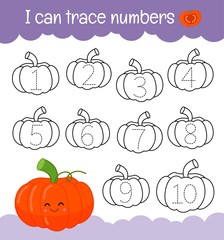 Handwriting practice sheet. Learning numbers 1-10. Educational game for children. Cartoon pumpkin.